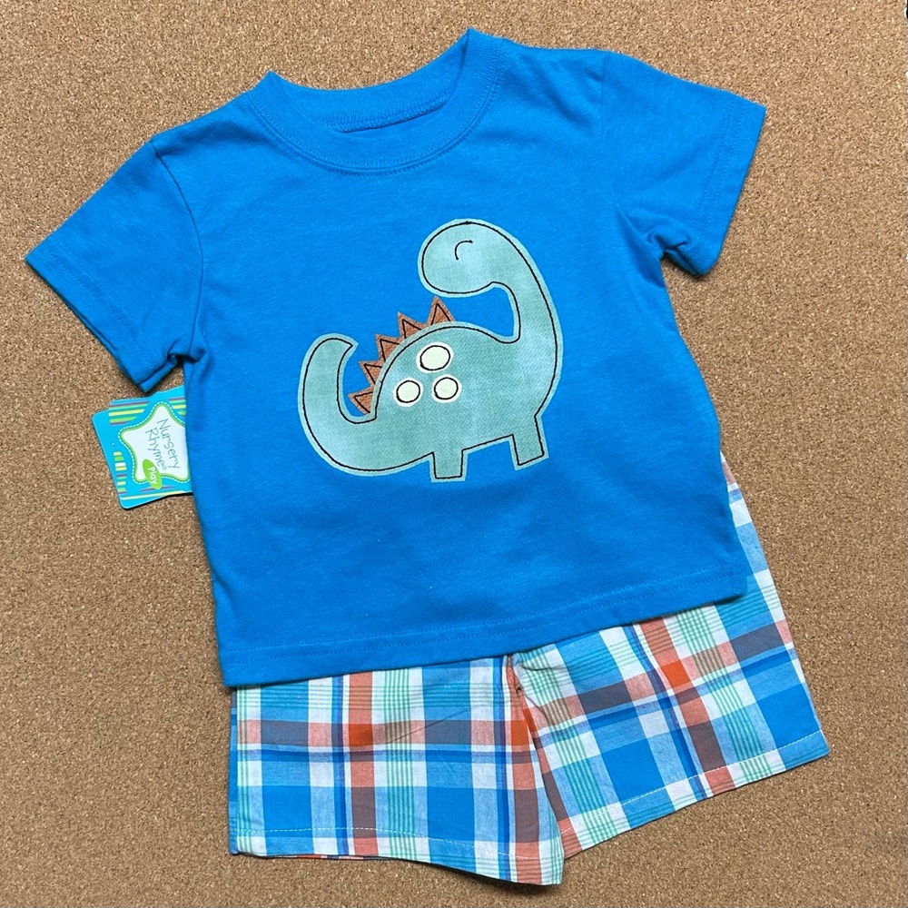 Blue Dinosaur Applique Shirt made to match Plaid Shorts Set